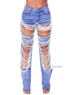 Womens High Rise Skinny Ripped Rhinestone Pearl Chain Denim Jeans